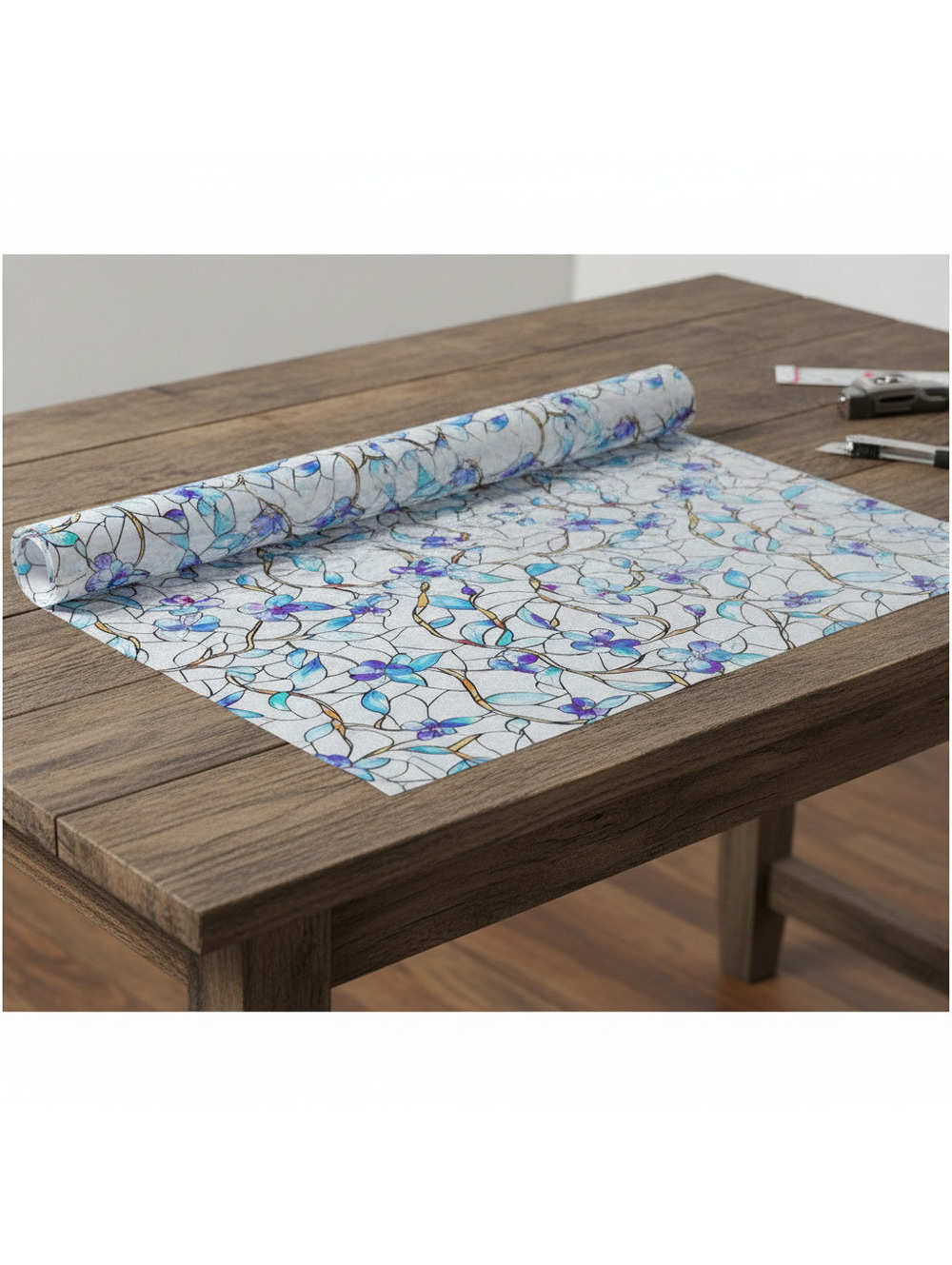 Stained Glass Style Window Film with Blue Floral Pattern 45x78.5